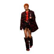 Model wearing the Sp5der 5ex all-over print denim trucker jacket in a striking runway presentation look.