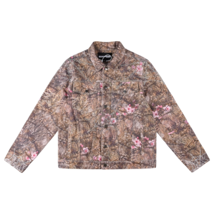 Sp5der Trucker Jacket in Real Tree Camo with signature rhinestone spider web details and front button closure design