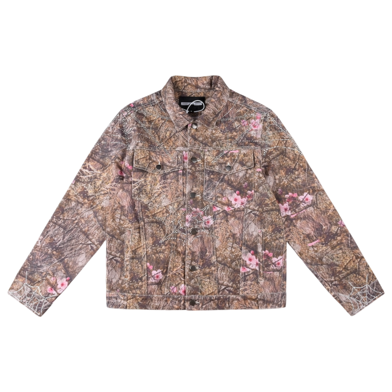 Sp5der Trucker Jacket in Real Tree Camo with signature rhinestone spider web details and front button closure design