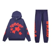Sp5der Beluga hoodie and sweatpants set in navy blue with signature red graphic print for a stylish streetwear look.