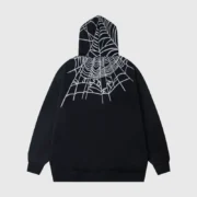Back view of the black Sp5der Heavy Web Hoodie featuring the signature white spider web graphic on the back and hood.