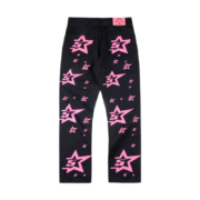 Back view of Sp5der 5Star Vintage 501 black denim jeans featuring pink star patterns and premium construction.