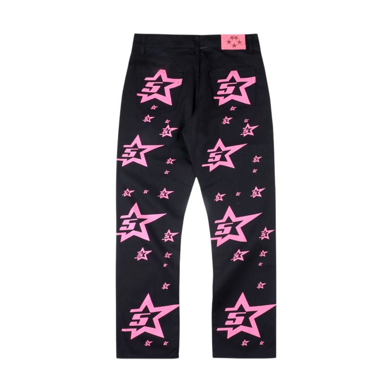 Back view of Sp5der 5Star Vintage 501 black denim jeans featuring pink star patterns and premium construction.