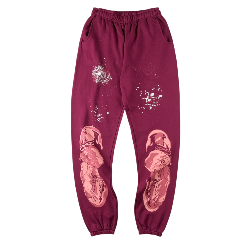 Maroon Sp5der Nocturnal Highway cotton track pants featuring white graphic designs on a comfortable relaxed fit.