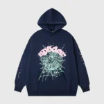 The Sp5der OG Web Hoodie in Navy Blue featuring a signature graphic print on a comfortable heavyweight fleece design.