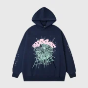 The Sp5der OG Web Hoodie in Navy Blue featuring a signature graphic print on a comfortable heavyweight fleece design.
