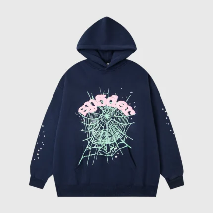 The Sp5der OG Web Hoodie in Navy Blue featuring a signature graphic print on a comfortable heavyweight fleece design.
