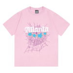 Pink Sp5der Young Thug Atlanta graphic t-shirt featuring a spiderweb design and blue star accents for hip-hop fans.