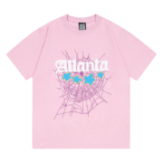 Pink Sp5der Young Thug Atlanta graphic t-shirt featuring a spiderweb design and blue star accents for hip-hop fans.