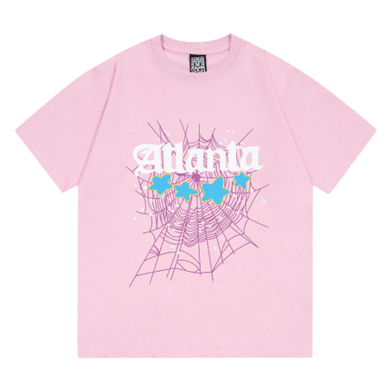 Pink Sp5der Young Thug Atlanta graphic t-shirt featuring a spiderweb design and blue star accents for hip-hop fans.