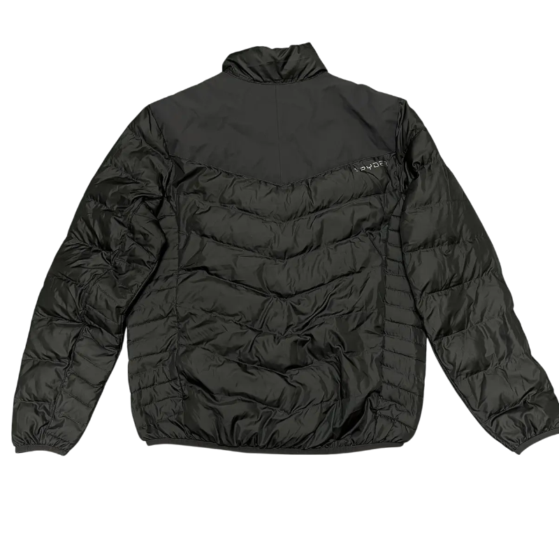 Rear view of the Sp5der Men’s Light Down Puffer Jacket in black, showcasing the modern silhouette and signature branding.