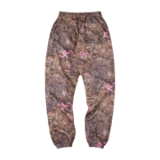 Back view of Sp5der Real Tree OG Web sweatpants featuring a brown camouflage pattern with pink floral print detailing.