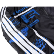 Close-up view of the black Sp5der Satin Bomber Jacket showcasing the signature blue graphic logos and athletic details.