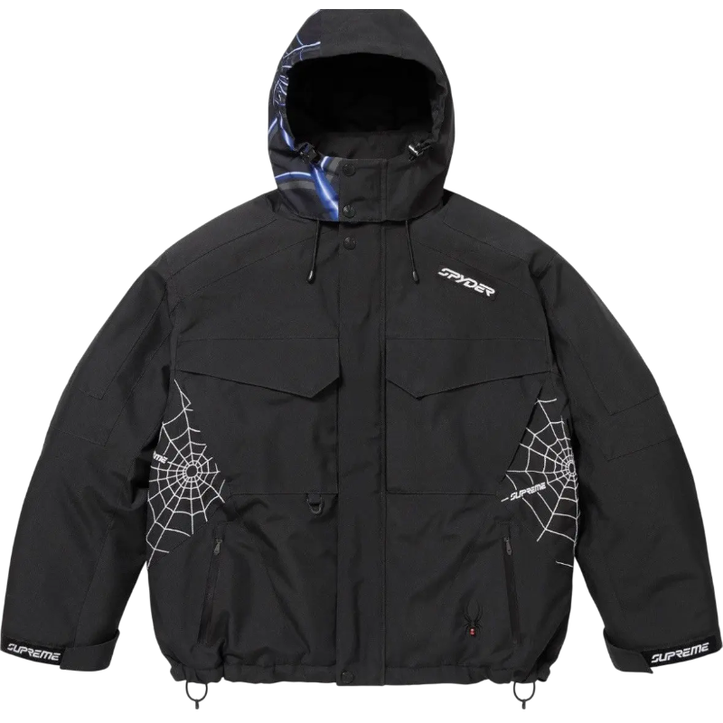 A black Supreme x Sp5der technical snowboard jacket featuring white web print graphics and collaborative brand logos.