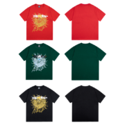 SP5DER Web Print Gothic Punk T-Shirt collection in red, green, and black, displaying front and back design views.