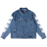 SP5DER Worldwide denim jacket in blue with signature white graphic print on the sleeves, front view of streetwear style.