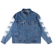 SP5DER Worldwide denim jacket in blue with signature white graphic print on the sleeves, front view of streetwear style.