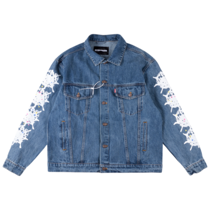 SP5DER Worldwide denim jacket in blue with signature white graphic print on the sleeves, front view of streetwear style.