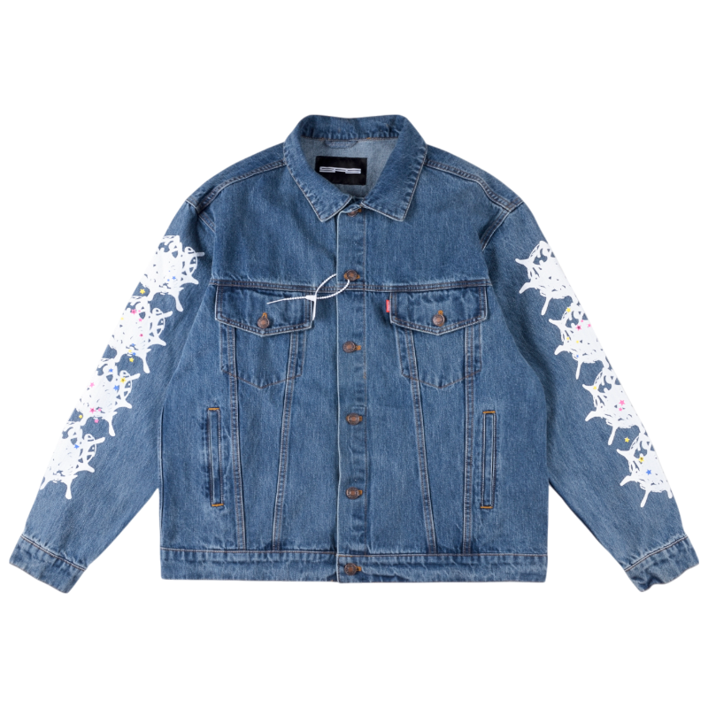 SP5DER Worldwide denim jacket in blue with signature white graphic print on the sleeves, front view of streetwear style.
