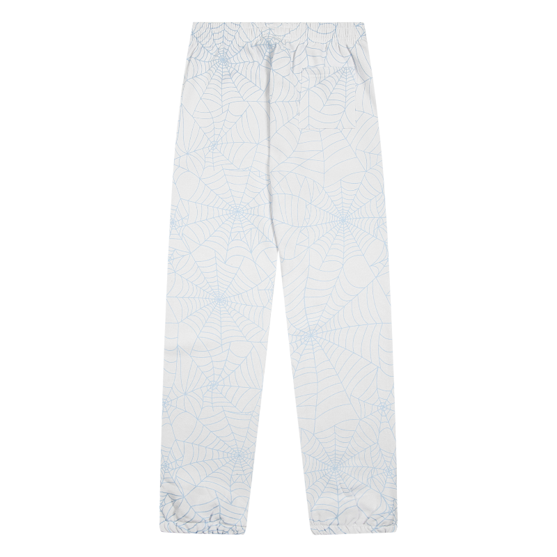 Front view of the Sp5der AOP Web Sweatpant in heather grey, featuring an all-over web print design and comfortable fit.