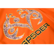 Orange Sp5der Arach Tee featuring a prominent, detailed camouflage-patterned spider graphic and bold brand logo text.