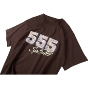 Minimalist brown Sp5der 555 tee featuring a bold graphic logo printed on high-quality cotton streetwear t-shirt.