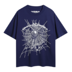 Blue Sp5der Arach Phobia New York graphic t-shirt featuring a bold white spider web streetwear design for urban style.