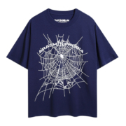 Blue Sp5der Arach Phobia New York graphic t-shirt featuring a bold white spider web streetwear design for urban style.
