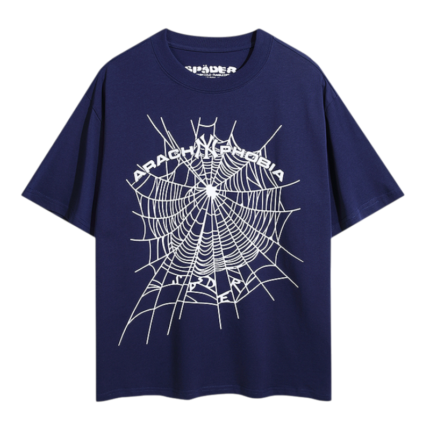 Blue Sp5der Arach Phobia New York graphic t-shirt featuring a bold white spider web streetwear design for urban style.