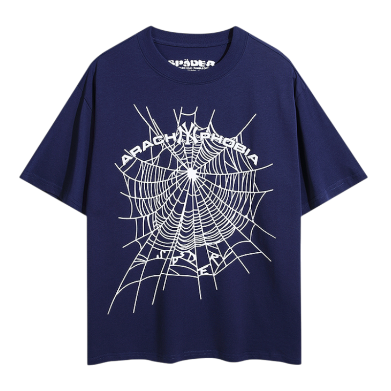 Blue Sp5der Arach Phobia New York graphic t-shirt featuring a bold white spider web streetwear design for urban style.