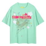 Seafoam green Sp5der tee-shirt featuring a distinctive graphic print and stars in a comfortable urban streetwear style.