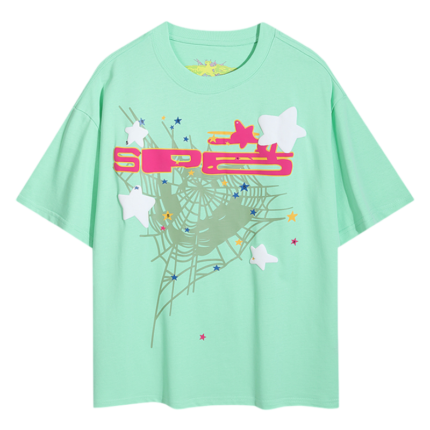 Seafoam green Sp5der tee-shirt featuring a distinctive graphic print and stars in a comfortable urban streetwear style.