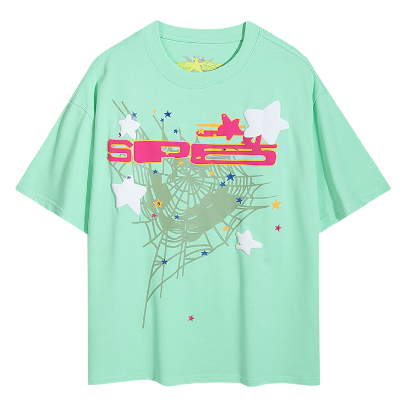 Sp5der Print Seafoam Green Graphic Tee Front View Seafoam green Sp5der tee-shirt featuring a distinctive graphic print and stars in a comfortable urban streetwear style.