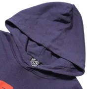Close-up detail of the premium cotton Sp5der Beluga Hoodie in a stylish navy-blue colorway for a loose fit.