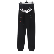 Black Sp5der OG Web sweatpants featuring a signature web print and colorful star details in a front view perspective.