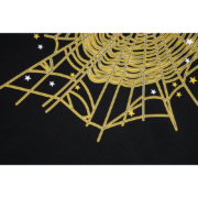 Close-up view of the SP5DER web print graphic design featuring a gothic punk aesthetic on a black t-shirt fabric.