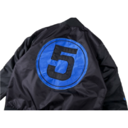 Black Sp5der Satin Bomber Jacket featuring a prominent number 5 logo graphic on the back for a sleek urban streetwear look