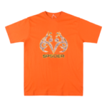 Bright orange Sp5der Arach t-shirt with a detailed camouflage arachnid graphic and bold branded streetwear logo design.