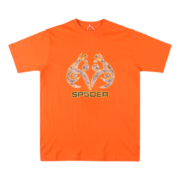 Bright orange Sp5der Arach t-shirt with a detailed camouflage arachnid graphic and bold branded streetwear logo design.