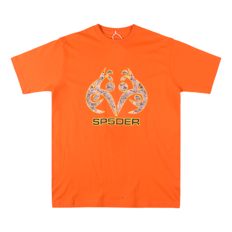 Bright orange Sp5der Arach t-shirt with a detailed camouflage arachnid graphic and bold branded streetwear logo design.