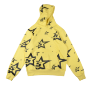 Sp5der 5Star hoodie in a vibrant yellow colorway with an iconic black star print pattern and a loose, comfortable fit.