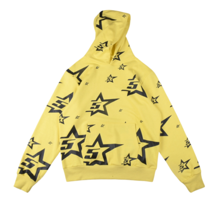 Sp5der 5Star hoodie in a vibrant yellow colorway with an iconic black star print pattern and a loose, comfortable fit.