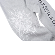 Heather grey Sp5der Arach NY Phobia sweatpants featuring a large white spider web graphic and logo detail.