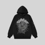Sp5der Rhinestone Web Graphic Hoodie 'Black' front view