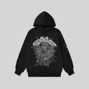 Sp5der Rhinestone Web Graphic Hoodie 'Black' front view