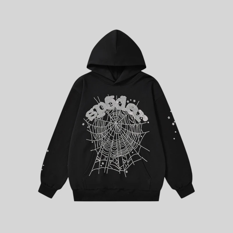 Sp5der Rhinestone Web Graphic Hoodie 'Black' front view