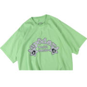 Front view of the vibrant Sp5der Worldwide Tee in slime green with the signature global web graphic design.