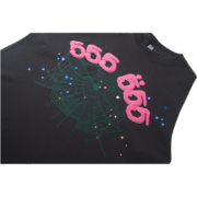 Detailed view of the Sp5der 555 Young Thug T-shirt featuring pink 555 branding and a web graphic on dark cotton.