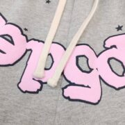 Close-up detail of the grey Sp5der OG Web Logo sweat short featuring iconic pink lettering and stars with drawstring.