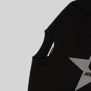 Close up view of the Sp5der Big 5 Star Rhinestone Tee in black featuring the detailed crystal star graphic design.